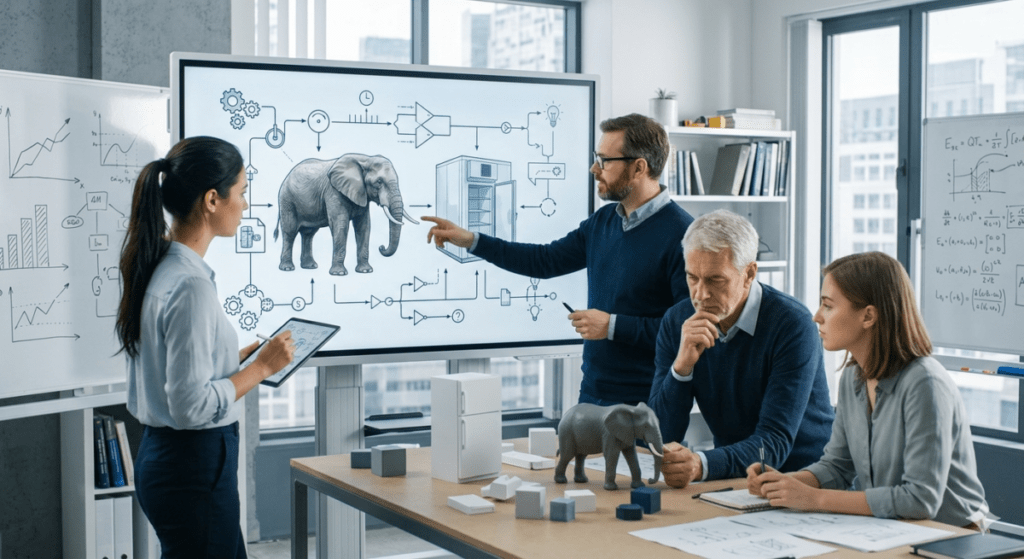 Reflecting on the process of putting an elephant into a refrigerator