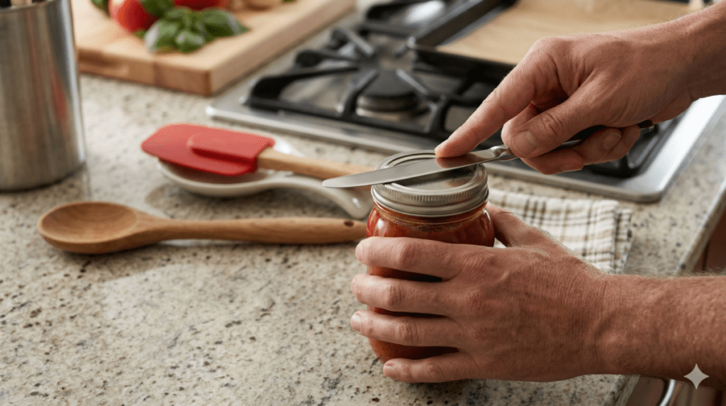 Using  kitchen utensils to loosen a stuck lid without damage