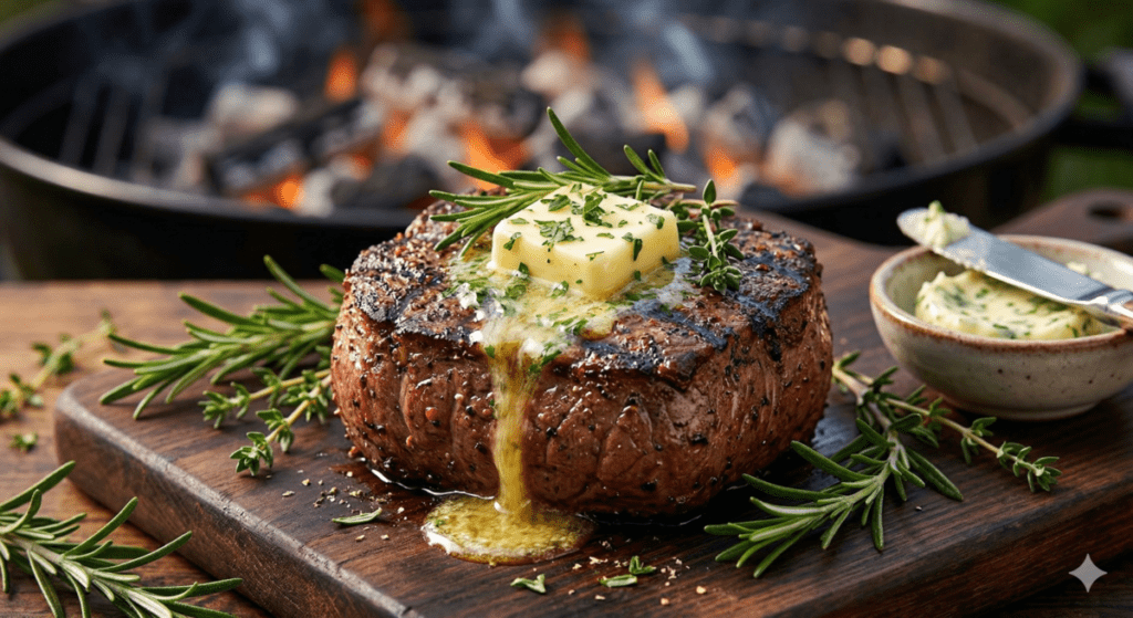 Adding Butter And Herbs to Grill Filet Mignon on Gas Grill Weber