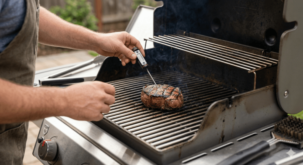 Checking Steak Temperature to Grill Filet Mignon on Gas Grill Weber
