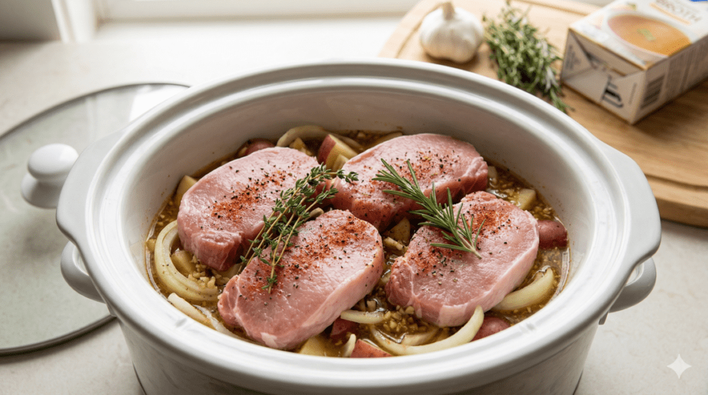 Setting Up The Slow Cooker to Cook Boneless Pork Chops