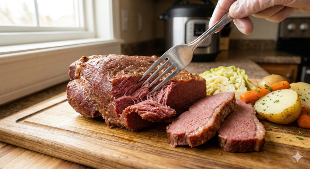Checking Doneness And Texture to Cook Corned Beef in Pressure Cooker