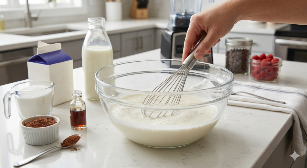 Mixing Ingredients for Making Homemade Ice Cream in a Blender