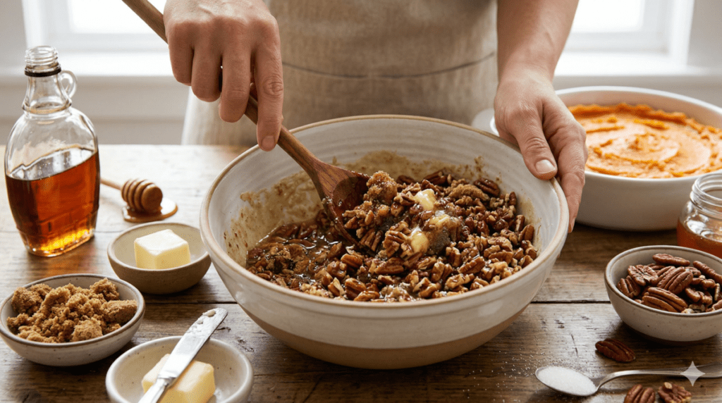 Mixing the topping for your sweet potato casserole