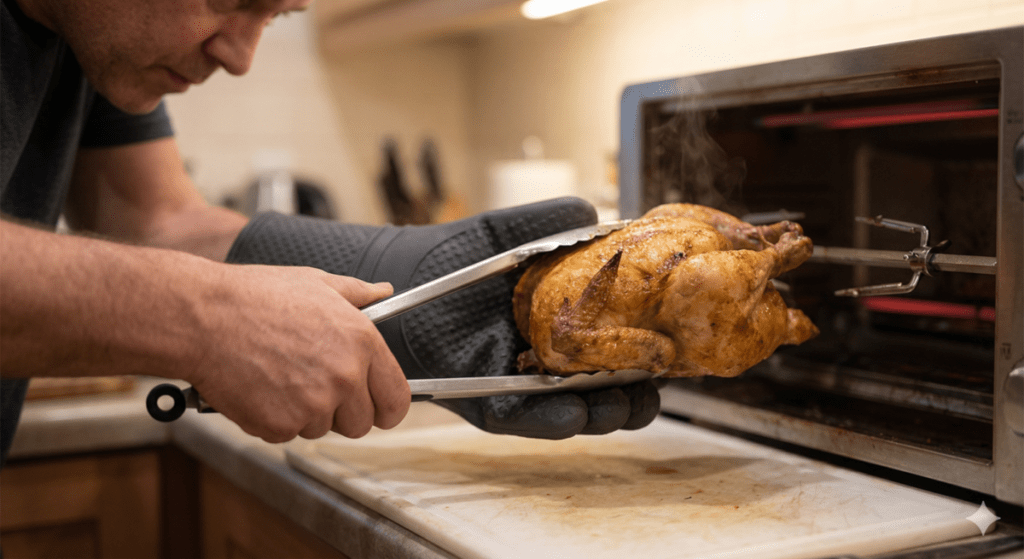 Safe Removal Techniques of Chicken from a rotisserie