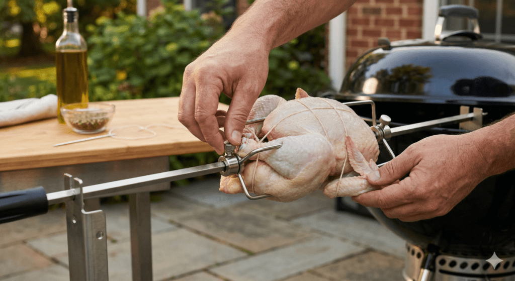 Securing The Chicken On The Spit