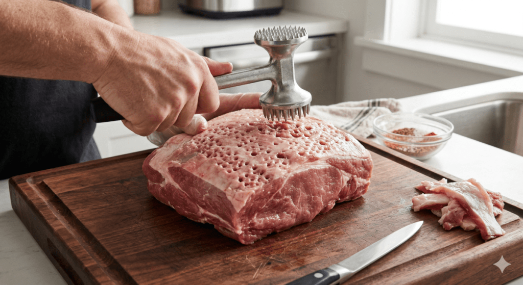 Trimming And Tenderizing excess fat and silver skin from the pork roast