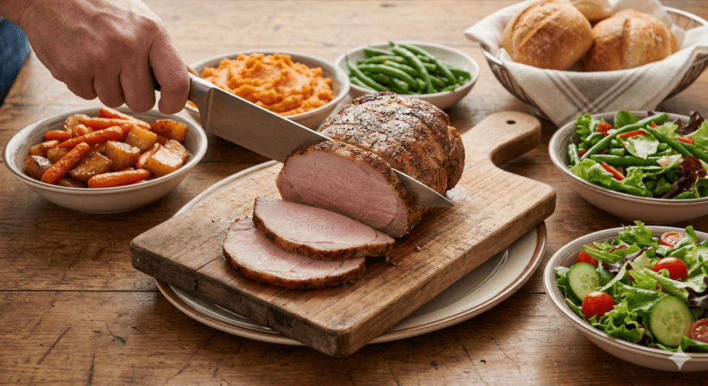 Use a sharp knife to carve the pork roast