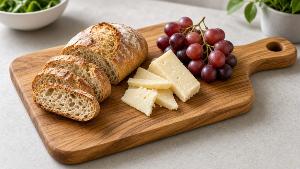 Acacia wood cutting board with a handle holding sliced bread, cheese and grapes
