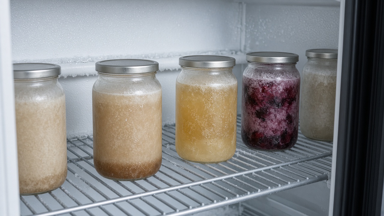 Glass canning jars of frozen soup, broth and berries on a freezer shelf