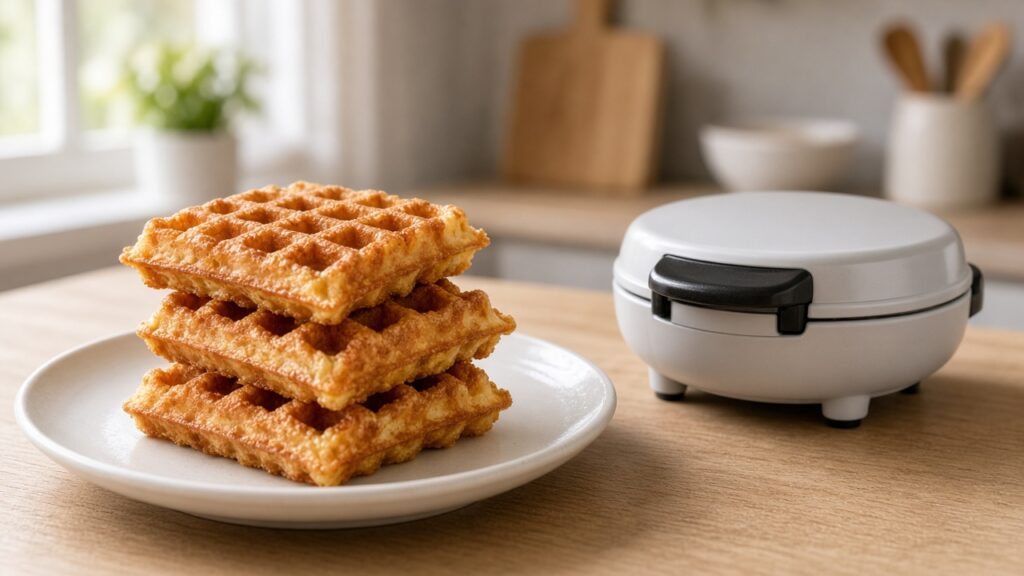Stack of crispy golden chaffles on a white plate beside a mini waffle maker