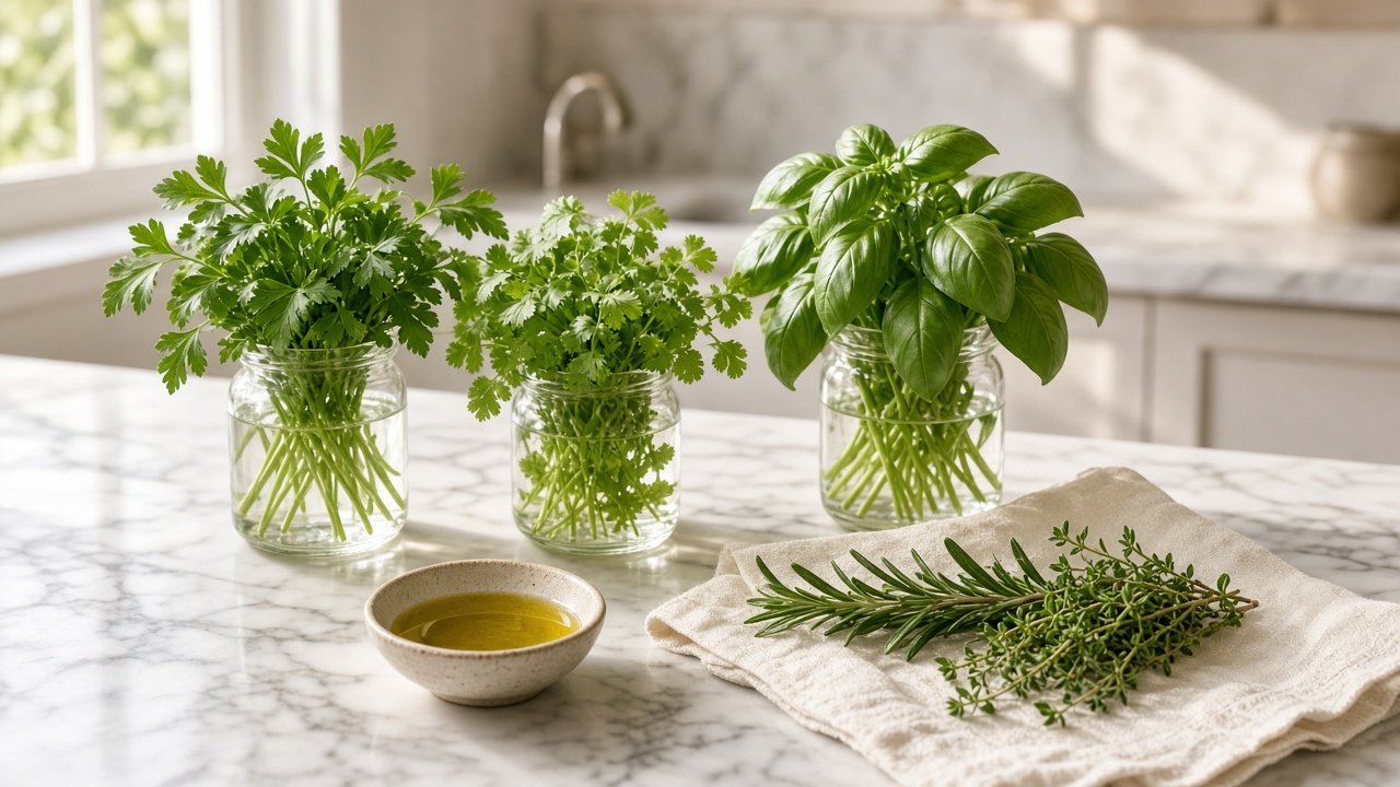 Fresh parsley, cilantro and basil in glass jars of water on a marble kitchen counter