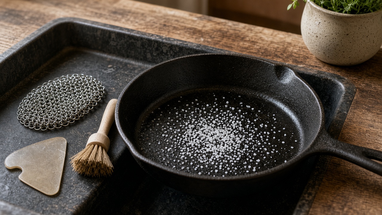 Cast iron skillet with coarse salt beside a chainmail scrubber, pan scraper and brush