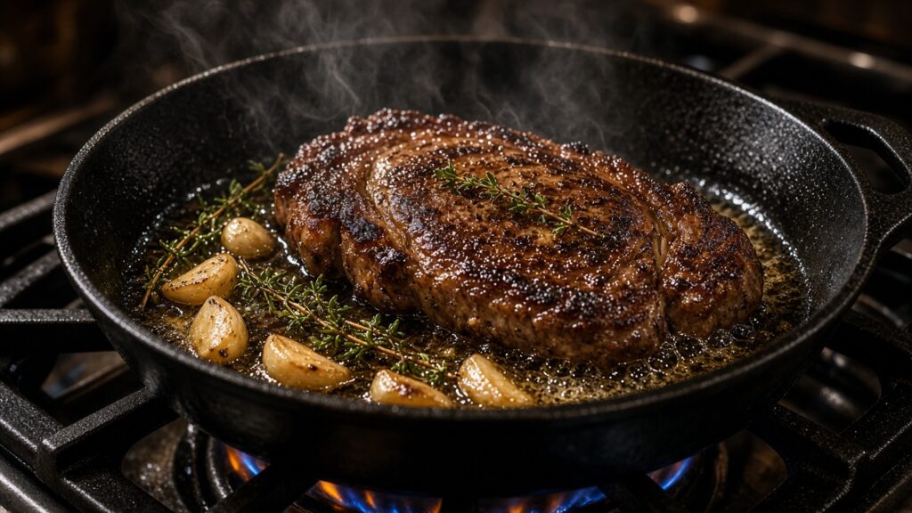 Seared ribeye steak basting in butter with garlic and thyme in a cast iron skillet