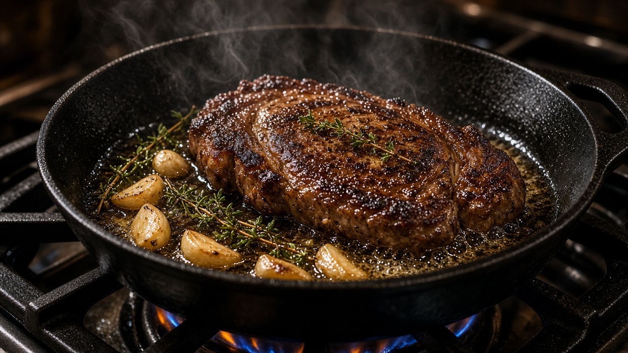 Seared ribeye steak basting in butter with garlic and thyme in a cast iron skillet