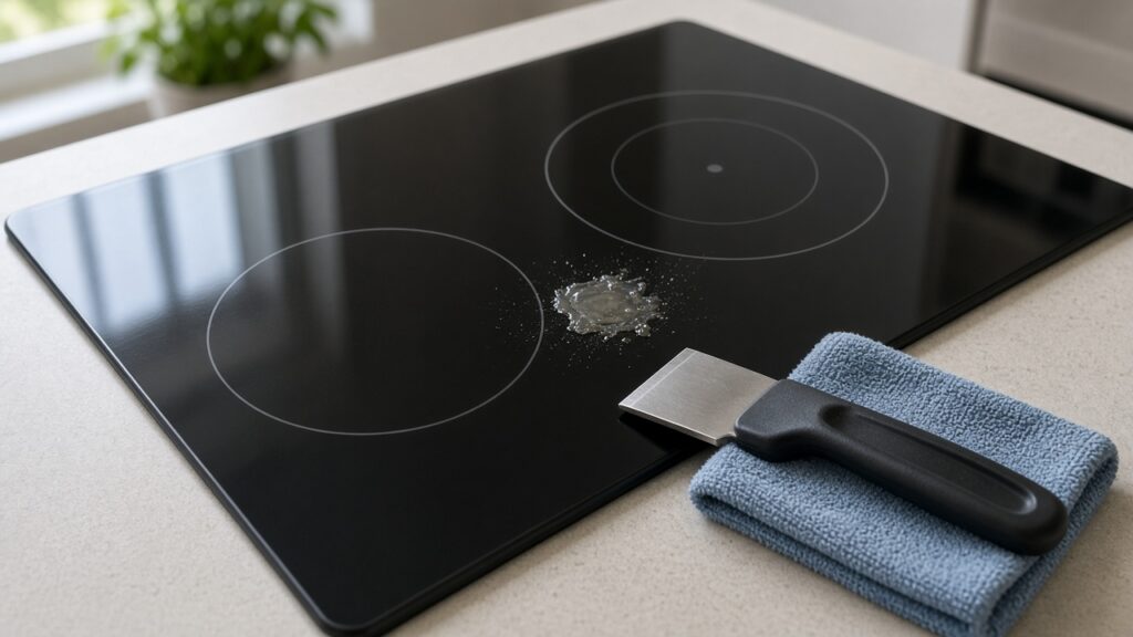 Black glass cooktop with a melted plastic spot next to a razor scraper and microfiber cloth