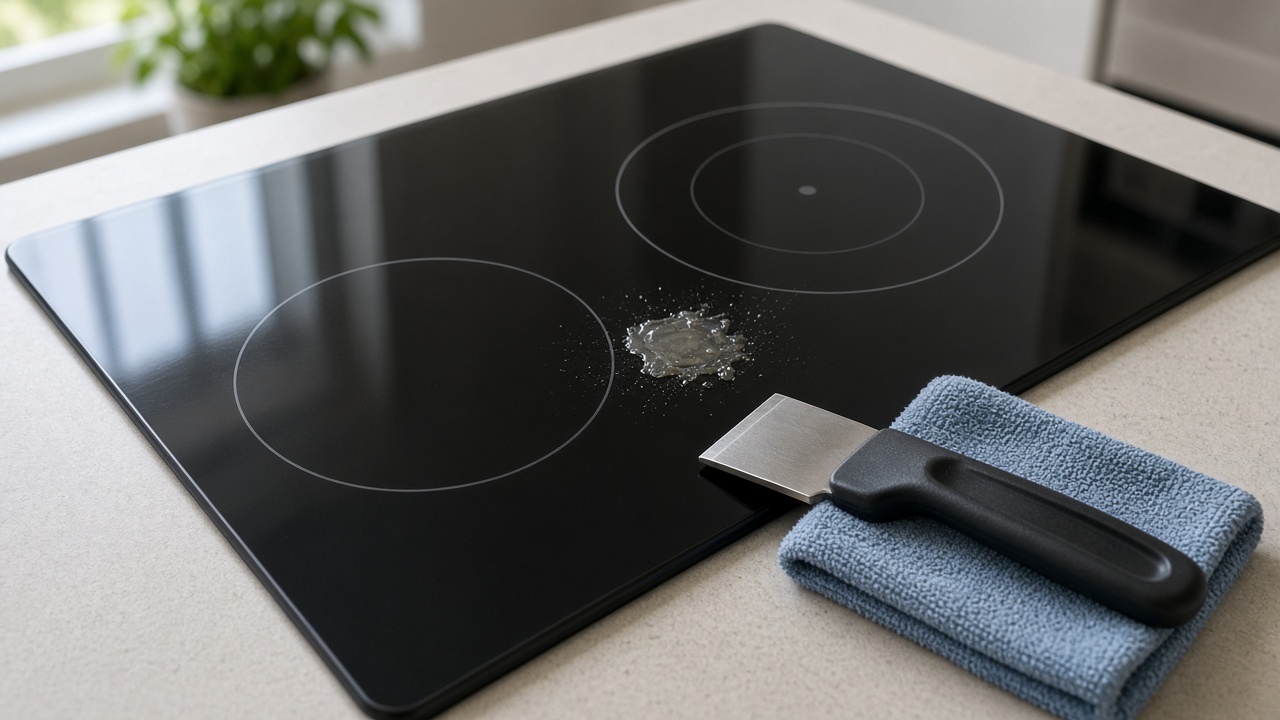 Black glass cooktop with a melted plastic spot next to a razor scraper and microfiber cloth