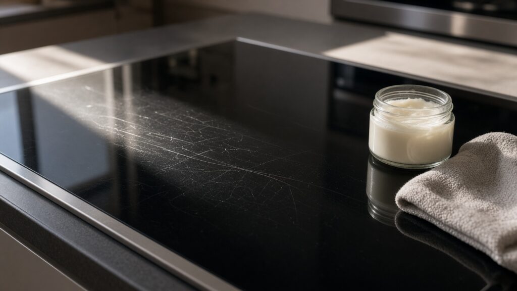 Fine surface scratches on a black glass cooktop with a jar of polishing cream and a cloth