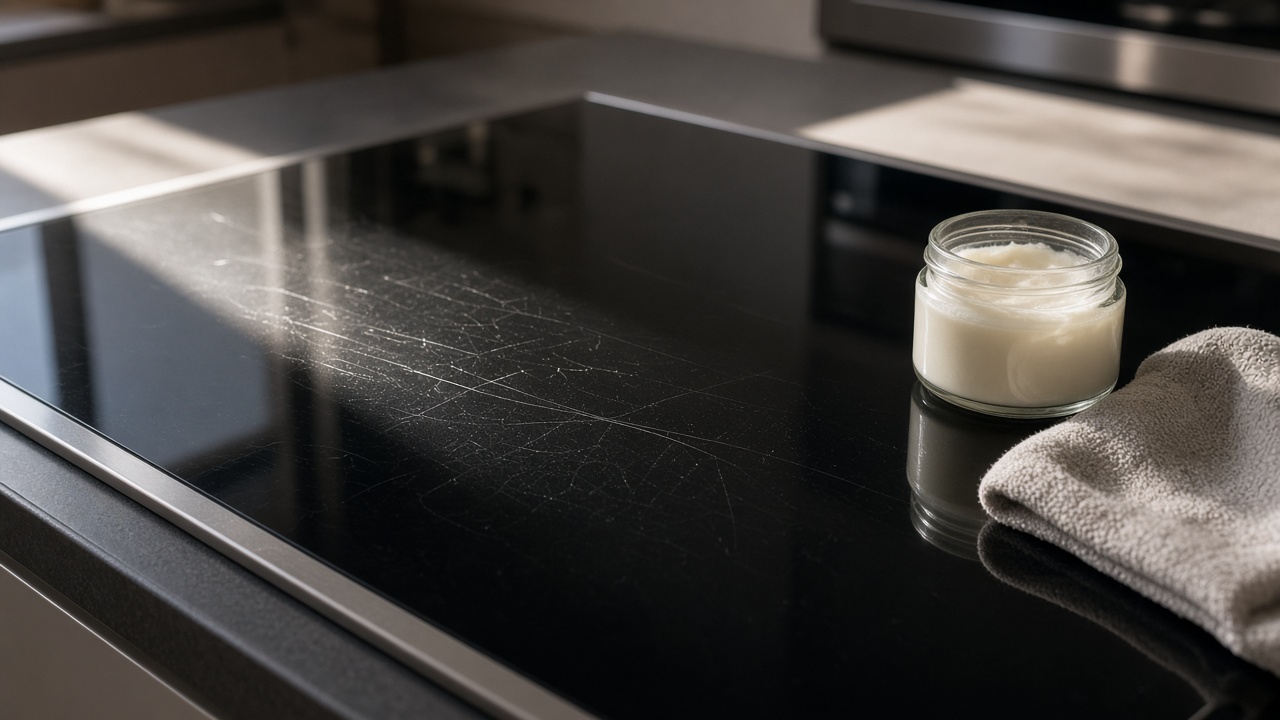Fine surface scratches on a black glass cooktop with a jar of polishing cream and a cloth