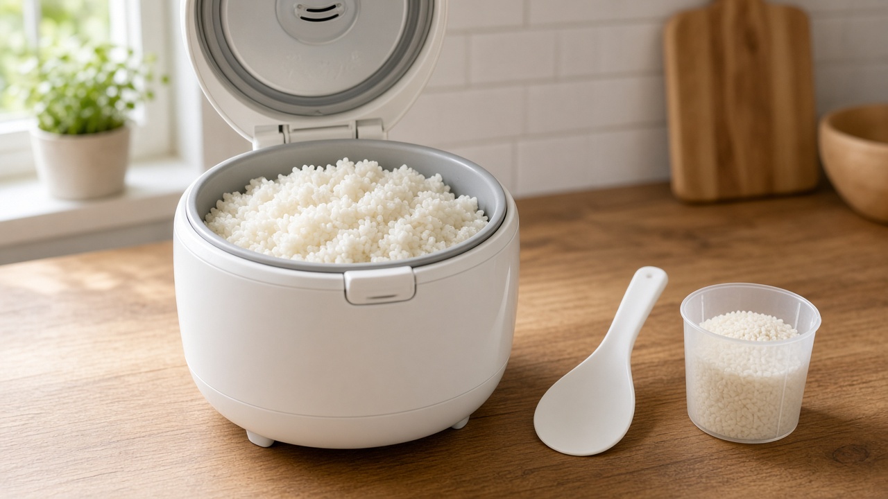 Open white rice cooker with fluffy cooked rice, a rice paddle and a cup of uncooked rice
