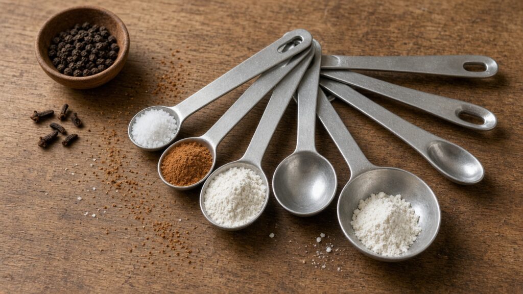 Stainless steel measuring spoons fanned out on a wooden counter with salt and spices