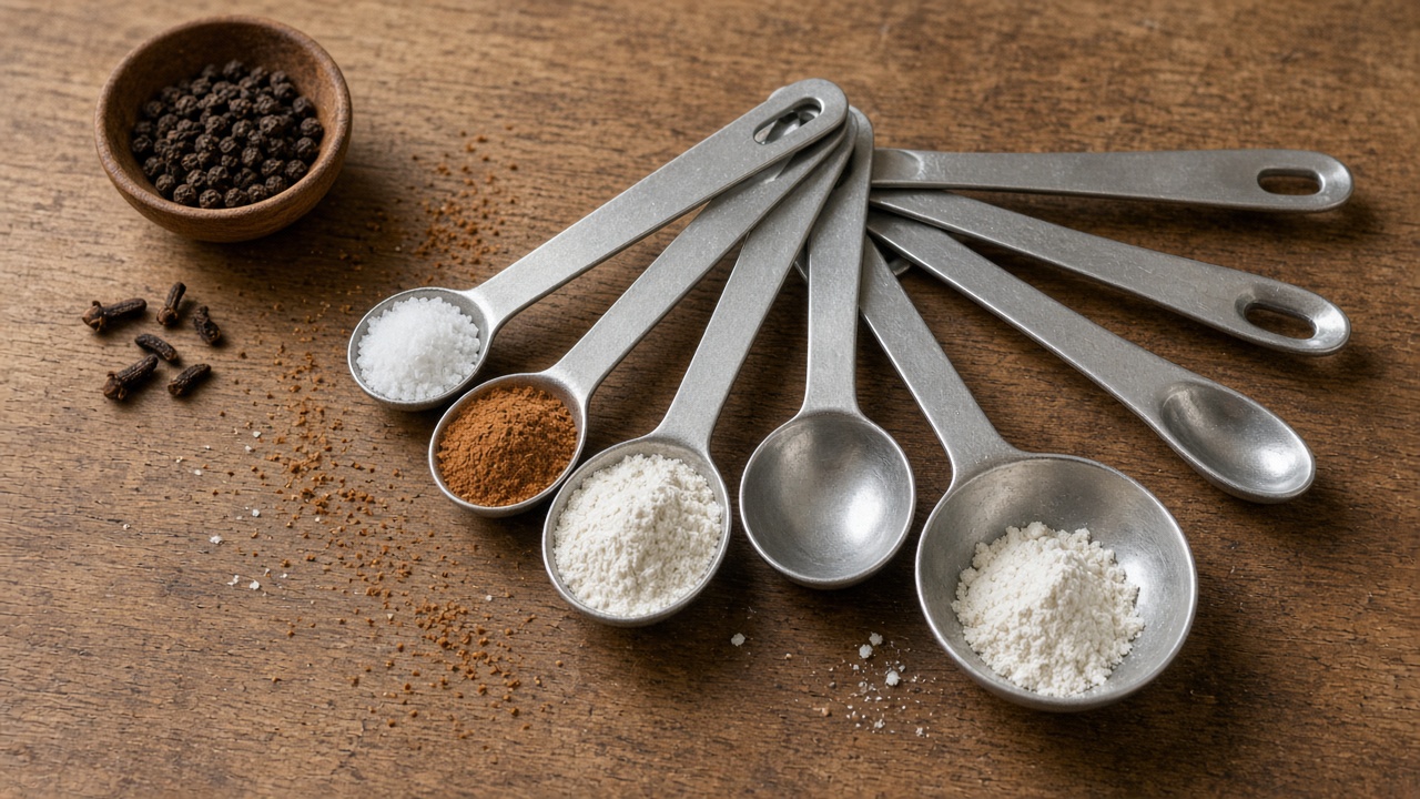 Stainless steel measuring spoons fanned out on a wooden counter with salt and spices