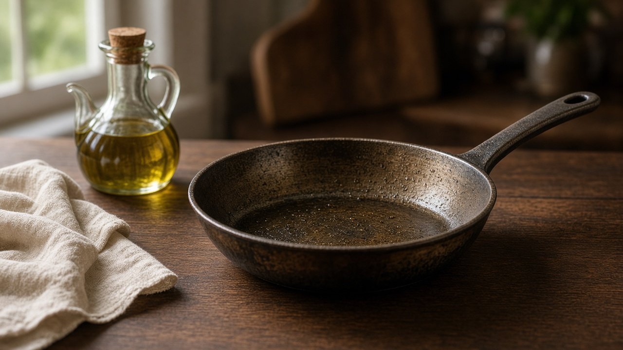 Seasoned carbon steel pan with oil on a wooden counter