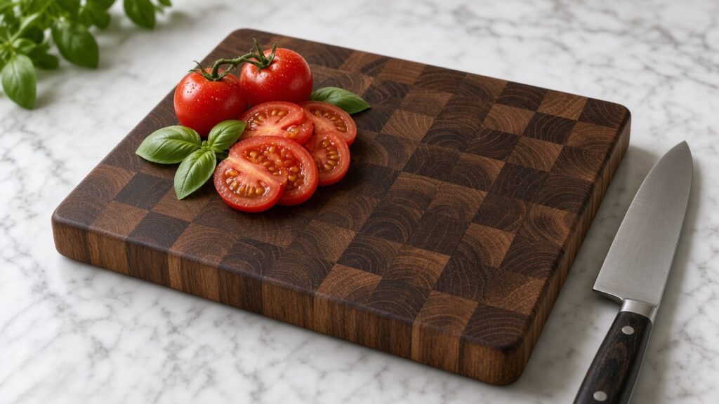 End grain walnut cutting board with sliced tomatoes, basil and a chef knife
