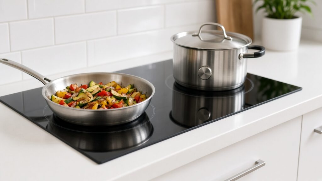 Stainless steel pan of vegetables and a pot on a black induction cooktop